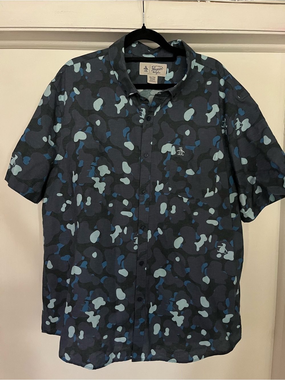 Original Penguin Navy and Light Blue Camo Short-Sleeve Button-Down Shirt